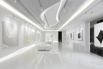 Monochromatic Gallery Luxe: White Space Interior Showcasing Minimalist Art in Bright, Clean Architecture