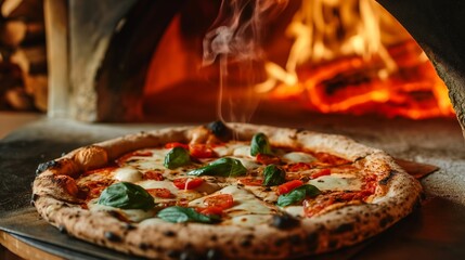Freshly baked pizza with mozzarella, tomatoes, and basil in a wood-fired oven. Italian cuisine, traditional cooking, and gastronomy concept. Design for menus, food blogs, and culinary backgrounds.