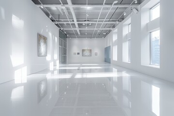Reflective Floors in Monochromatic Interiors: A Minimalist Art Studio Gallery with Clean Space Design