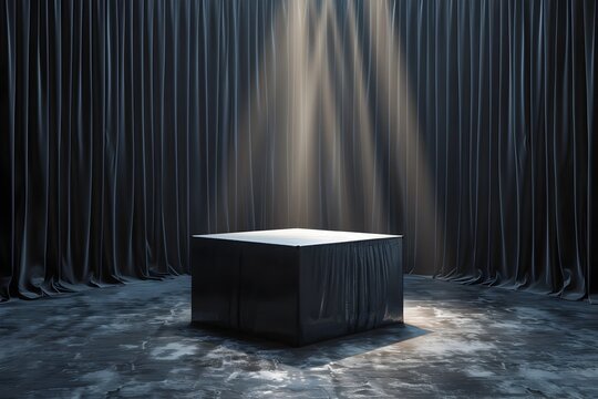 Concealed Luxury: A 3D Rendering of a Black Cloth Draped Box Ready for a Product Launch