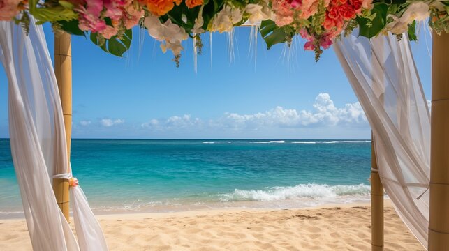 View of a beach wedding arch decorated with flowers framing a serene seascape. Romantic destination wedding and tropical beach concept. Design for wedding invitation, romantic getaway advertisement