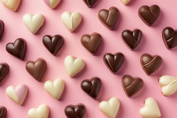 Fototapeta premium Assorted heart-shaped chocolates on a pink background.