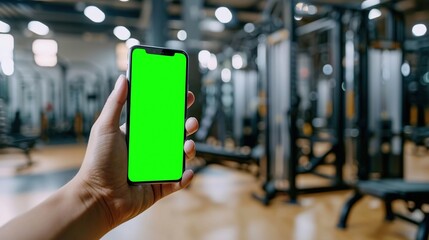 Hand holding smartphone with fitness app mockup, online workout training concept, modern mobile technology for remote gym exercise