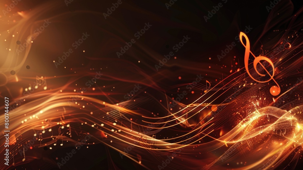 Poster abstract glowing musical notes on dynamic fiery background with flowing lines and sparkles