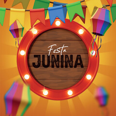 arte festa junina 3d com balão, bandeiras e painel, são joão, arraia festa brasileira social media  © Gusta