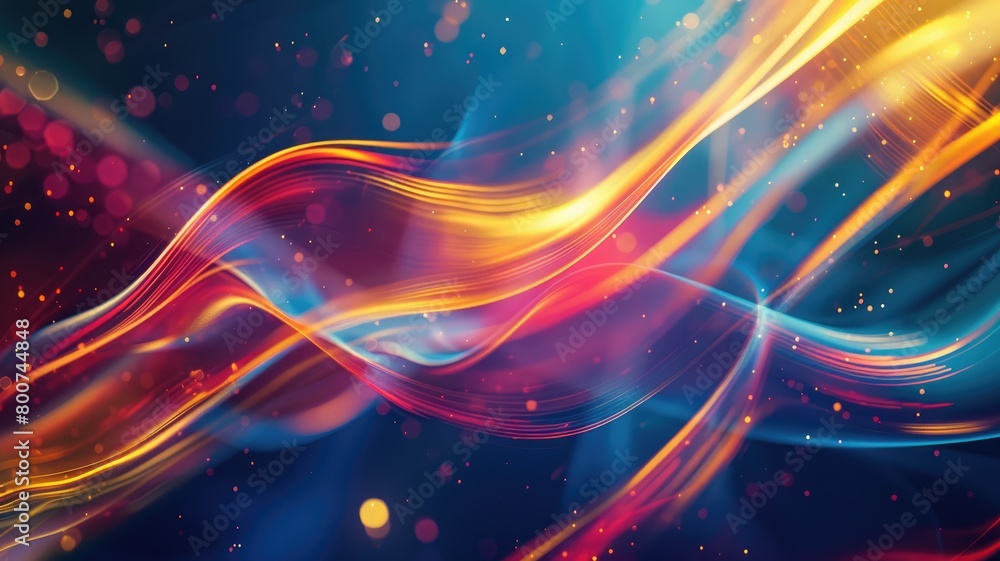 Poster colorful abstract light waves on dark background with bokeh particles