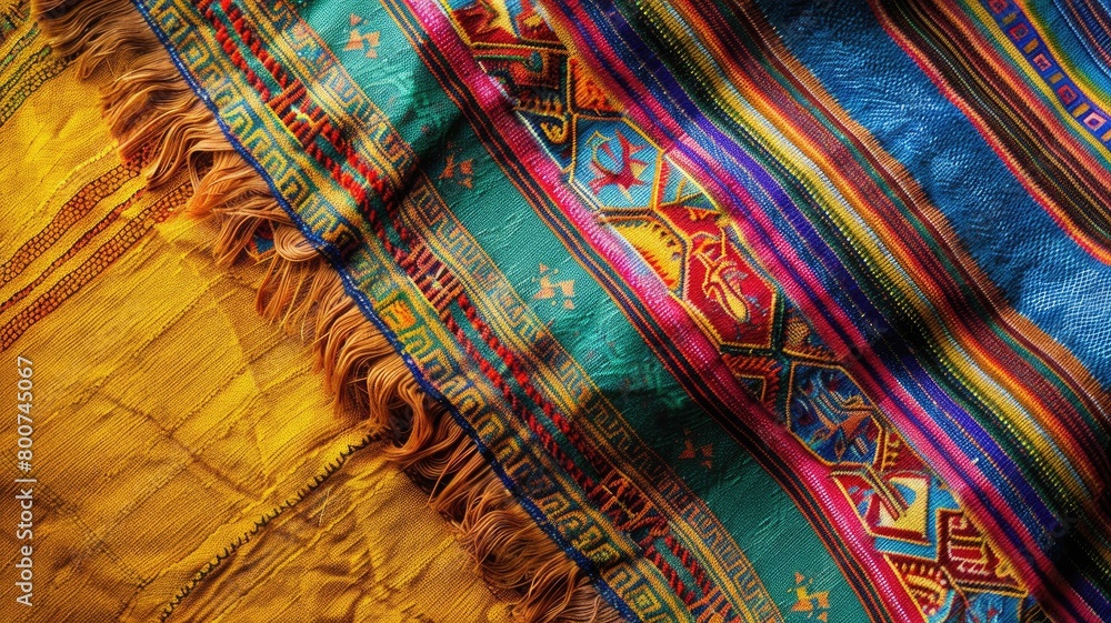 Poster colorful woven textiles with intricate patterns and fringe