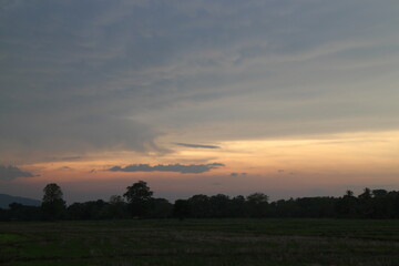 Beautiful Vivid sky painted by the sun leaving bright golden shades. Image of cloud sky on evening time. Evening Vivid sky with clouds.