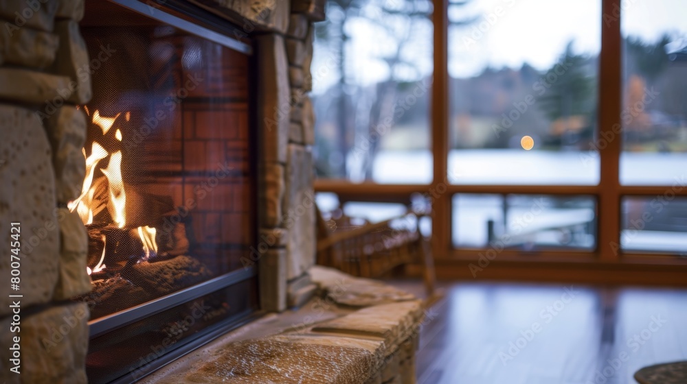 Poster an unobstructed view of a crystalclear lake serves as the backdrop for the elegant fireplace creatin