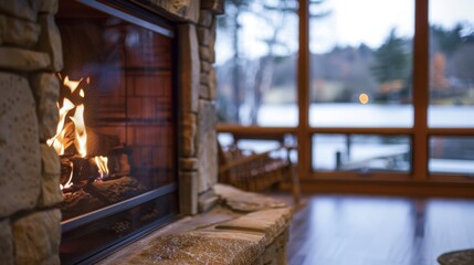 An unobstructed view of a crystalclear lake serves as the backdrop for the elegant fireplace creating a serene haven for relaxation and contemplation. 2d flat cartoon.