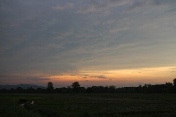 Real amazing panoramic sunrise or sunset sky with gentle colorful clouds.