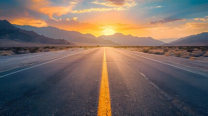 A long road, desert on both sides, leads into the distance with mountains in the background, capturing an adventurous explore vibe, for travel themes.