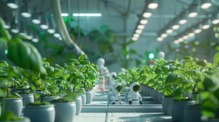 Smart robot farmers working on Hydroponic system vegetable agriculture farm. Futuristic vertical plant cultivation for future food.