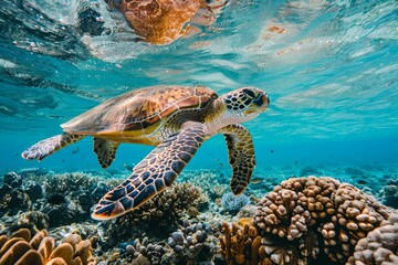 Sea turtle swimming in coral reef underwater.