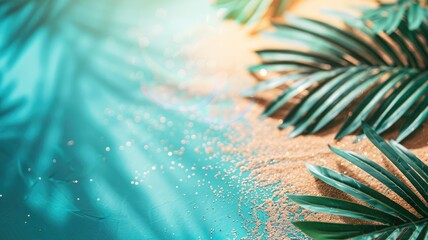 Tropical palm leaves shadow on sandy beach with blue hues and scattered glitter