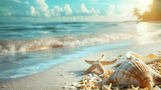 Starfish and shells on sunny beach beside gentle waves