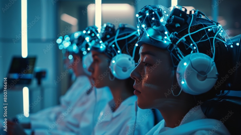 Poster a futuristiclooking lab with tubes connecting to peoples heads showcasing the technology behind brai