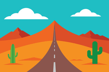 Illustration of a view of desert mountains sky and Cactus On both sides of a small road vector