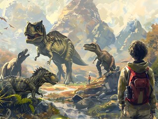 Wanderer Exploring Prehistoric Landscape with Cautious Curiosity Amidst Pack of Dinosaurs