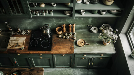 A kitchen with a wooden countertop and a green color theme. The countertop has a bowl of food and a vase of flowers