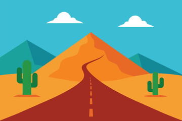 Illustration of a view of desert mountains sky and Cactus On both sides of a small road vector