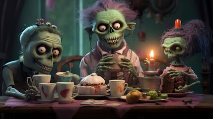 Endearing 3D depiction of Boo the zombie at a zombie tea party sharing ghoulish treats with other cute undead friends perfect for social media content or childrens entertainment