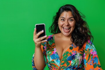 A woman is holding a cell phone and smiling. She is wearing a colorful floral dress. Concept of happiness and positivity