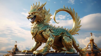 Fototapeta premium Majestic of a Singha the mythical lionlike creature perched atop a traditional Thai temple with intricate gold and jewel tones idea for cultural exhibitions or fantasy games