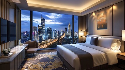 interior of a luxury hotel room with a panoramic view of a bustling city, symbolizing business travel accommodation