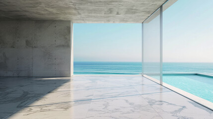 A large open space with a pool and a view of the ocean. The space is empty and has a modern feel to it