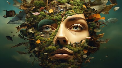 Surreal selfportrait blending human features with elements of nature creating a dreamlike visual metaphor for identity and growth perfect for art exhibitions