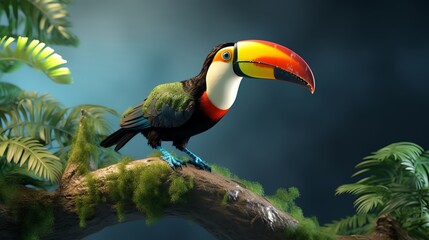 Fototapeta premium Vibrant 3D model of a toucan perched on a tropical branch with detailed feather textures and a colorful beak ideal for educational apps or documentaries