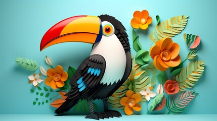 Naklejka premium Whimsical 3D illustration of a cartoon toucan with oversized features perfect for childrens books games or themed party decorations