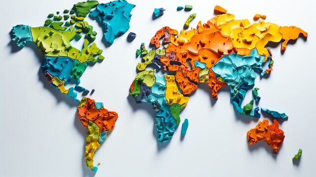 Fototapeta Vibrant 3D artwork of a world map made from various currencies representing global trade and economy perfect for economic studies or reports