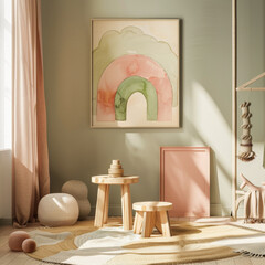 A framed painting of a rainbow is hanging on a wall in a room. The room is decorated with a pink color scheme and has a rug on the floor. There are two small wooden stools and a toy car in the room