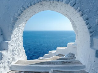 An arched gateway overlooking the Aegean Sea in Oia - obrazy, fototapety, plakaty