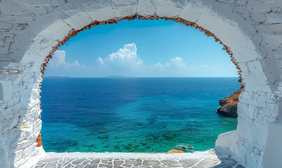 An arched gateway overlooking the Aegean Sea in Oia - obrazy, fototapety, plakaty