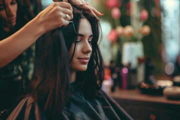 Fototapeta premium Hairstylist trimming hair of the customer in a beauty salon