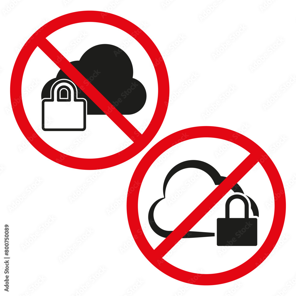 Poster prohibited cloud security icons. no access to cloud storage symbols. privacy and restricted data con