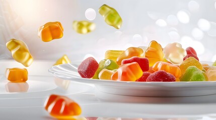 On a clean white surface, a plate of assorted apple cider vinegar gummies, with colorful candies spilling onto the ground, perfect for a vibrant dietary supplement advertisement.