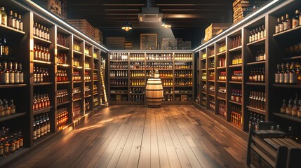 Liquor store interior. Fictitious text and labels