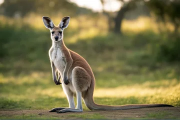 Gordijnen 'young kangaroo rufus 9 red months macropus animal brown creature baby ear fur gazing ginger isolated on white leg looking up marsupial nature paw profile half face standing staring studio shot' © sandra