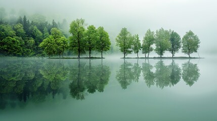 Line of green trees reflected in clear lake water, white mist fog, green landscape, magical,...