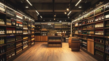 Liquor store interior. Fictitious text and labels