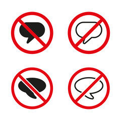 Silenced speech Vector icons. No talking signs set. Communication restriction symbols. Silence areas.