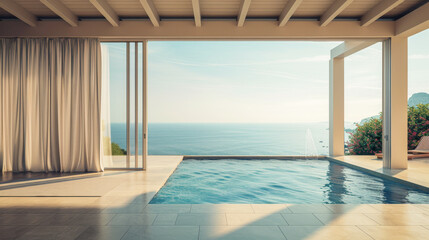 A large open pool with a view of the ocean. The pool is surrounded by a white curtain and a white wall