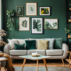 A living room with a green wall and a couch with pillows and a coffee table. The room has a modern and cozy feel
