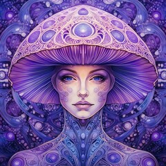 Portrait of Psychedelic Mushroom Fairy in Kaleidoscope of Violet Shades and Tones. Surreal Young Beauty. Mystical Fairy Tale Illustration. 