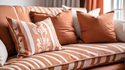 Close-up of a fabric sofa with pillows made of terracotta and white. Interior design of a modern living room in a French country home.