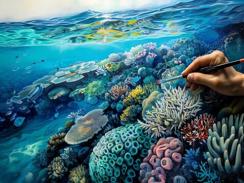 Illustrate a serene seascape from above, using photorealistic techniques to depict crystal-clear waters, vibrant coral reefs, and a variety of marine life Emphasize the depth and beauty of the ocean